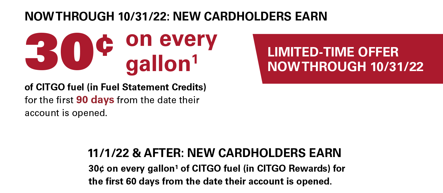 LIMITED-TIME OFFER NOW THROUGH 10/31/22: NEW CARDHOLDERS EARN 30¢ on every gallon(1) of CITGO fuel (in Fuel Statement Credits) for the first 90 days from the date their account is opened. 11/1/22 & AFTER: NEW CARDHOLDERS EARN 30¢ on every gallon(1) of CITGO fuel (in CITGO Rewards) for the first 60 days from the date their account is opened.